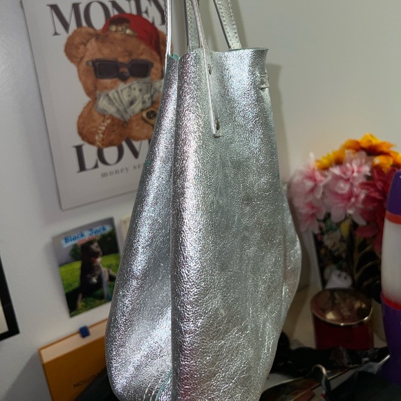 Tiffany & Co Tiffany Silver Metallic Leather Reversible Suede Tote Preowned
